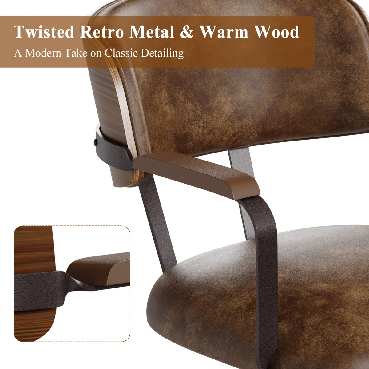 Mid-Century Modern Office Desk Chair Walnut Bentwood Brown | Wood Armrests, Walnut Bentwood Back, 360° Swivel, Height Adjustable, Quiet PU Wheels, Faux Leather, 300 lb Limit, Easy Clean