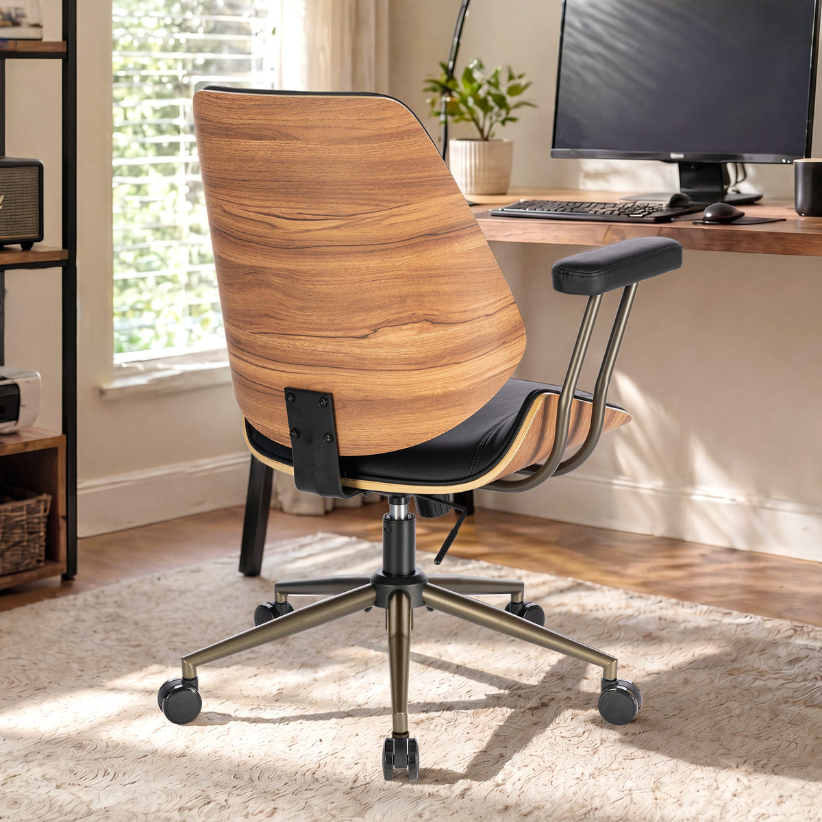 Modern Mid Back Office Chair, Adjustable Swivel Desk Chair with Arms, Black | Faux leather seat, wood accent detail, mid-back with padded armrests, adjustable swivel, for home office, bedroom & study