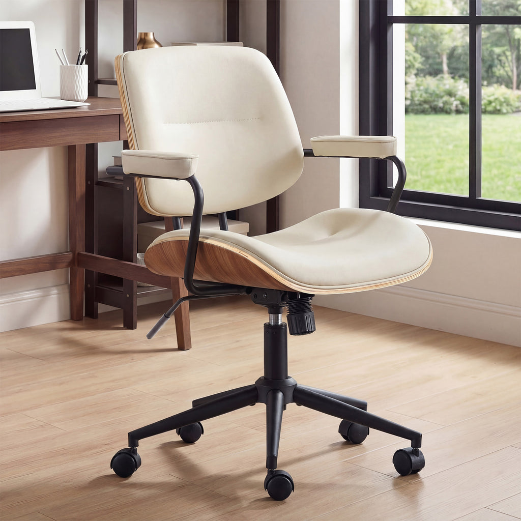 Mid Century Modern Office Chair with Armrest and Adjustable Backrest, Black | Wooden frame with armrests & adjustable backrest, swivel & height-adjustable, PU leather seat for home office comfort
