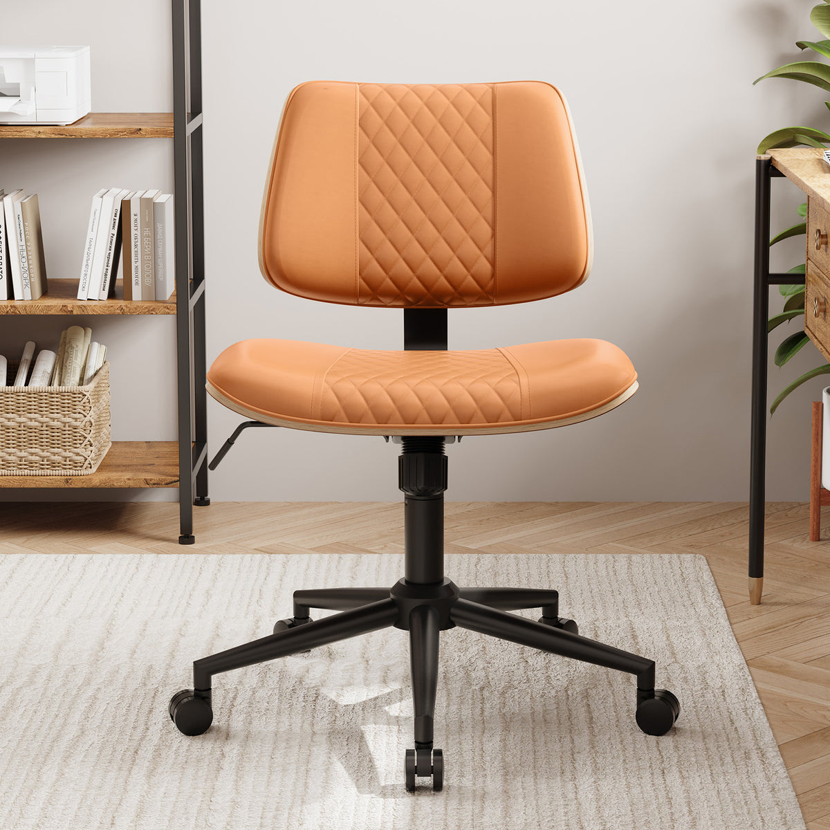 Home Office Chair No Arms with Wheels, Mid Back Walnut Style