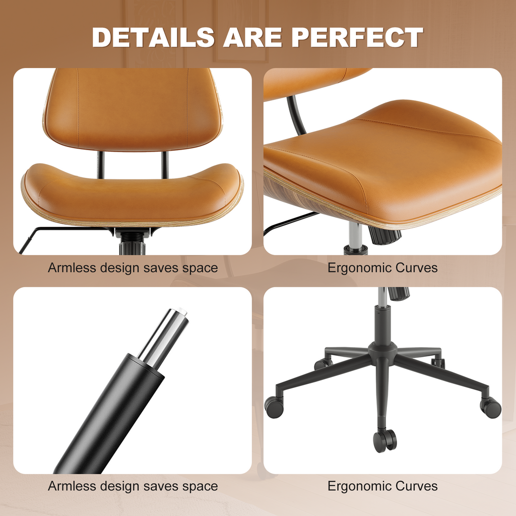 Armless Office Chair with Wheels, PU Leather Desk Chair, Black | Adjustable Height Task Chair, 360° Swivel Ergonomic Computer Chair for Small Space, Modern Walnut Style, Home & Meeting Room