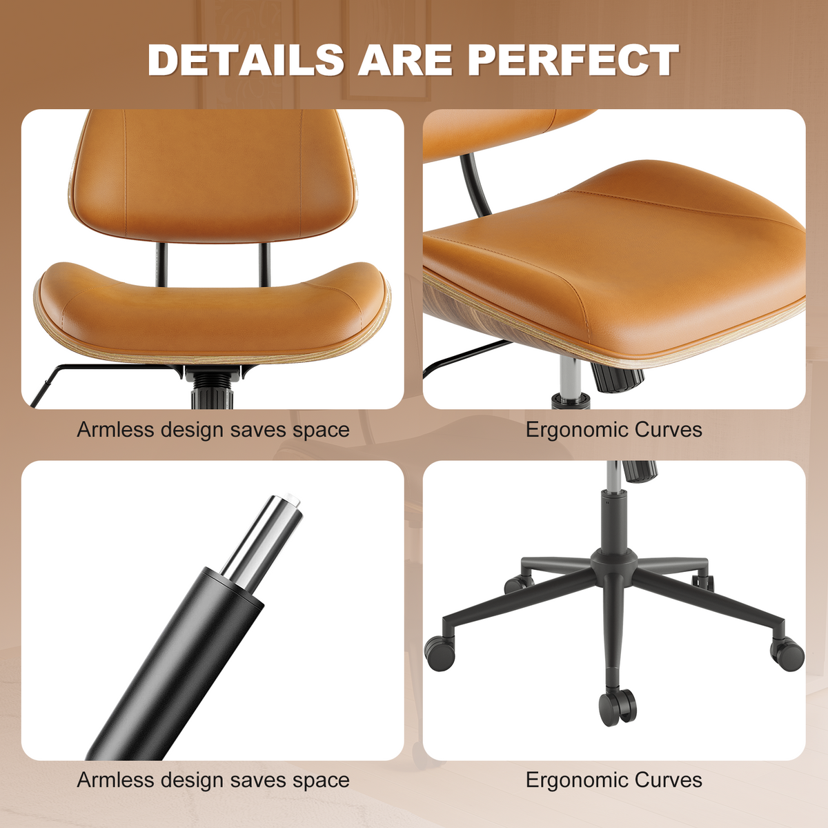 Armless Office Chair with Wheels, PU Leather Desk Chair, Black | Adjustable Height Task Chair, 360° Swivel Ergonomic Computer Chair for Small Space, Modern Walnut Style, Home & Meeting Room