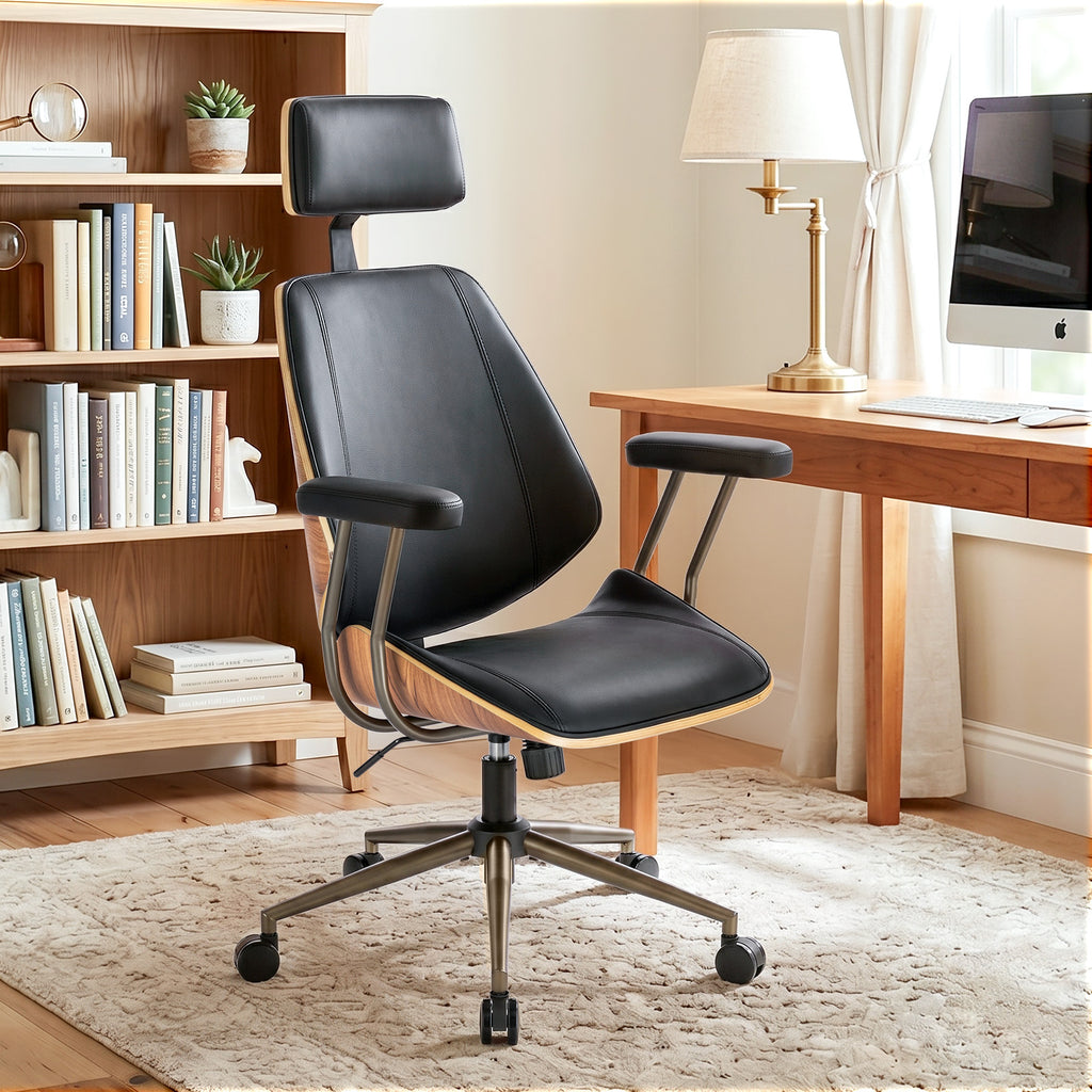 High Back Ergonomic Office Chair, with Headrest & Arms, Black | Faux leather executive chair, high-back with headrest, padded armrests, adjustable swivel, ideal for home office & workspace