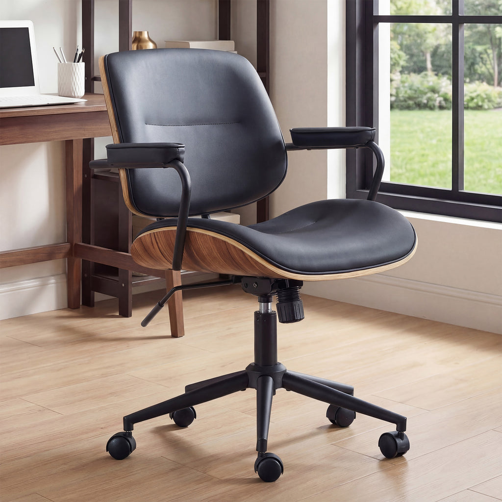 Mid Century Modern Office Chair with Armrest and Adjustable Backrest, Black | Wooden frame with armrests & adjustable backrest, swivel & height-adjustable, PU leather seat for home office comfort
