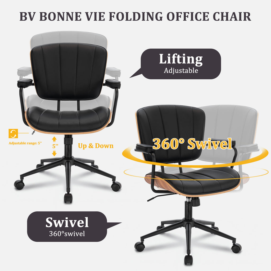 Mid Century Modern Walnut Leather Office Chair with Arms, Black | Fixed walnut bentwood back with armrests, height-adjustable swivel rolling base, PU leather seat, ideal for home office use