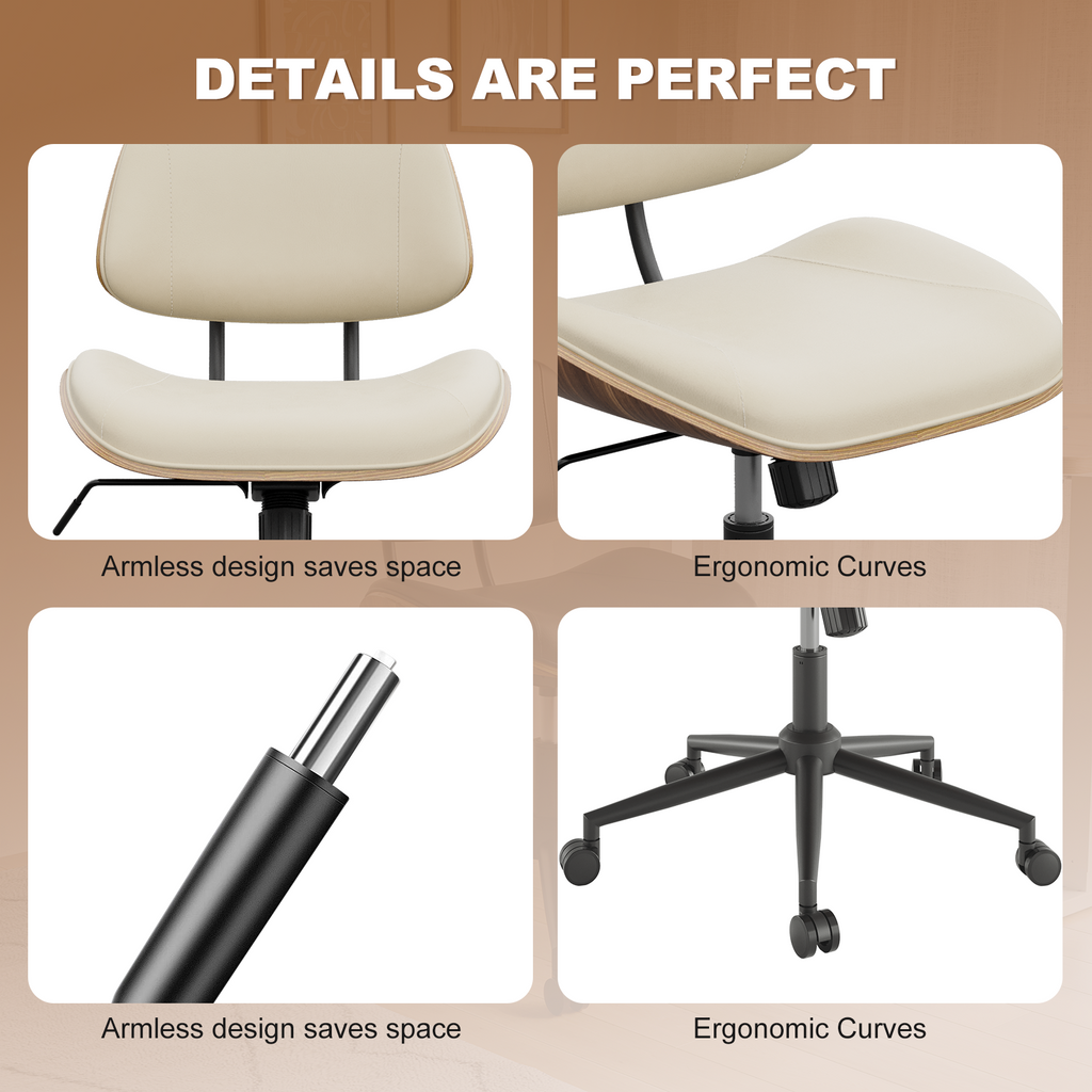 Armless Office Chair with Wheels, PU Leather Desk Chair, Black | Adjustable Height Task Chair, 360° Swivel Ergonomic Computer Chair for Small Space, Modern Walnut Style, Home & Meeting Room