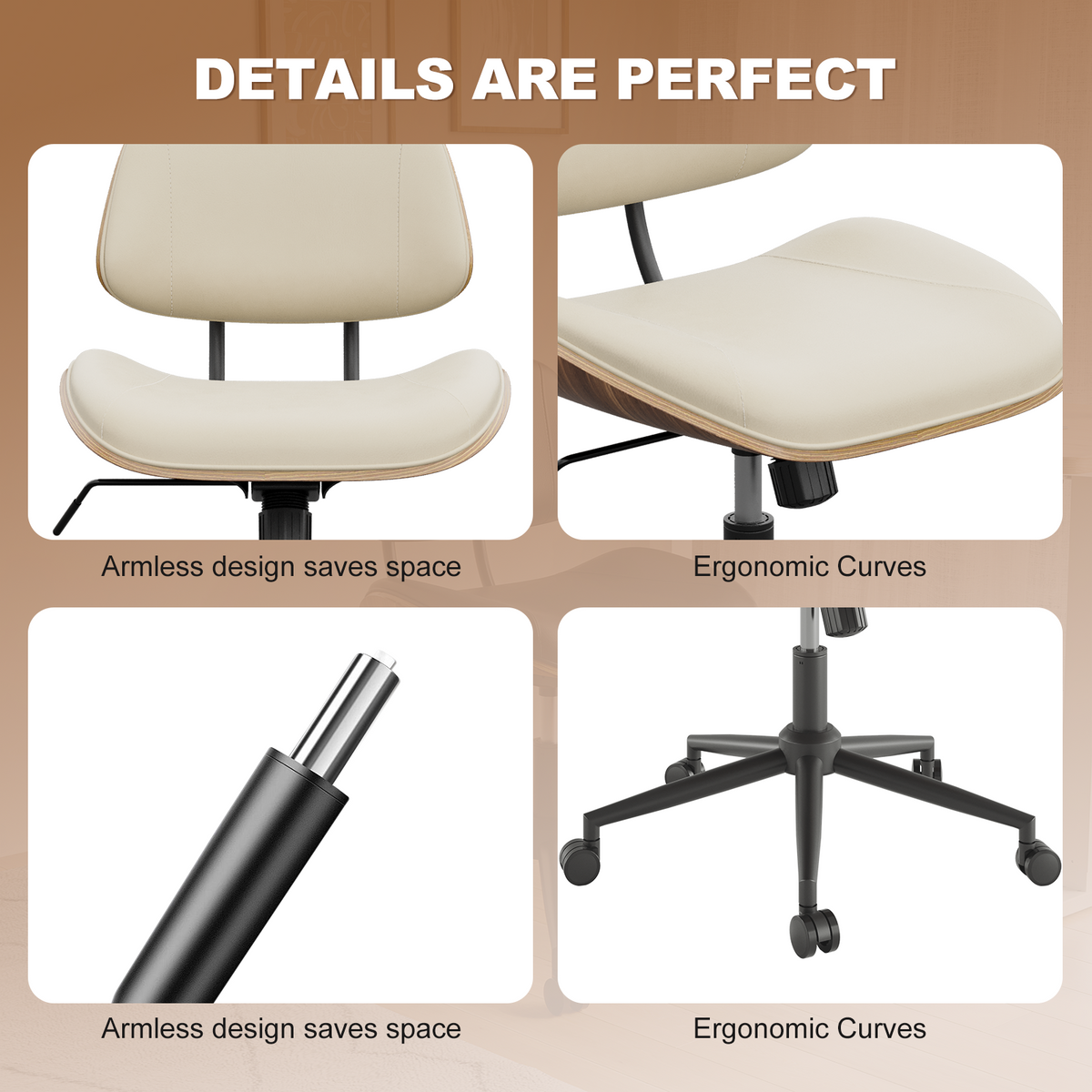 Armless Office Chair with Wheels, PU Leather Desk Chair, Black | Adjustable Height Task Chair, 360° Swivel Ergonomic Computer Chair for Small Space, Modern Walnut Style, Home & Meeting Room