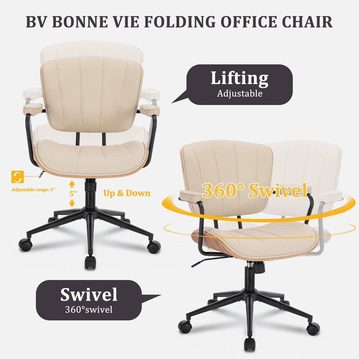 Mid Century Modern Walnut Leather Office Chair with Arms, Black | Fixed walnut bentwood back with armrests, height-adjustable swivel rolling base, PU leather seat, ideal for home office use