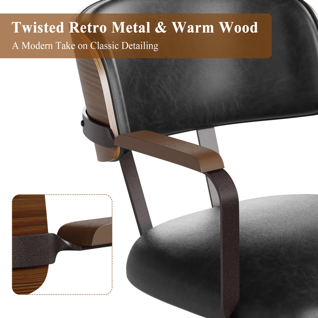 Mid-Century Modern Office Desk Chair Walnut Bentwood Brown | Wood Armrests, Walnut Bentwood Back, 360° Swivel, Height Adjustable, Quiet PU Wheels, Faux Leather, 300 lb Limit, Easy Clean
