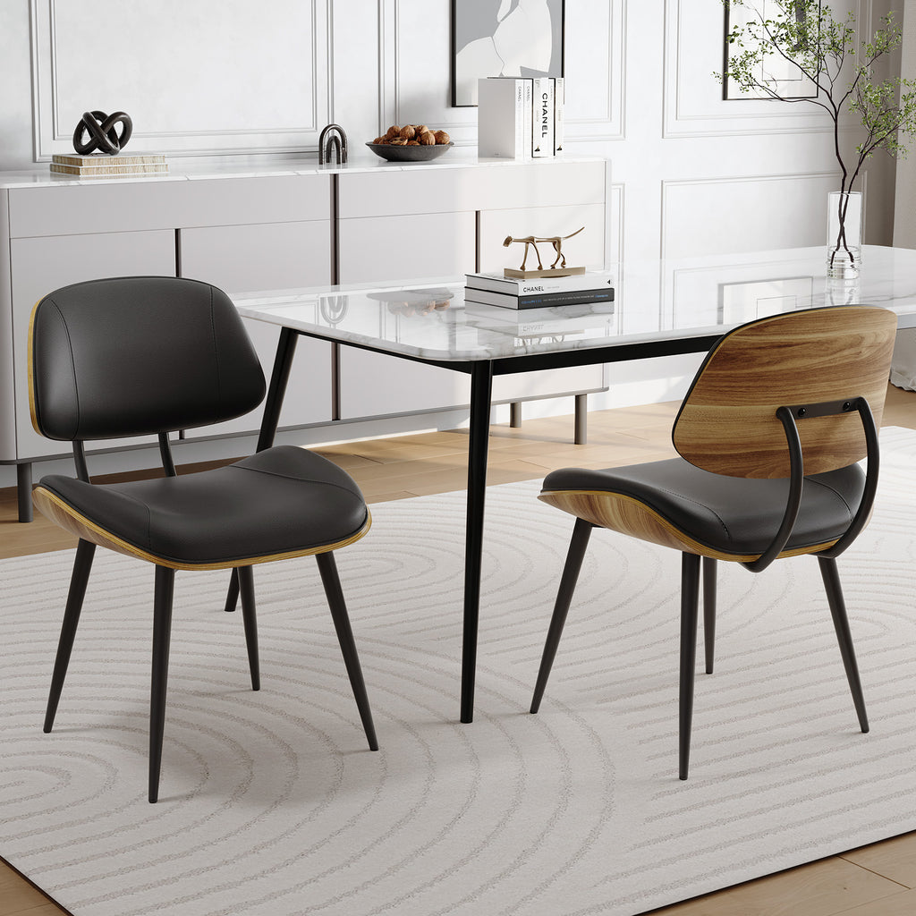 Walnut Bentwood Armless PU Leather Dining Chairs Set of 2, Black | PU leather seat with walnut bentwood back & metal legs, armless retro design, sturdy construction for dining & living room
