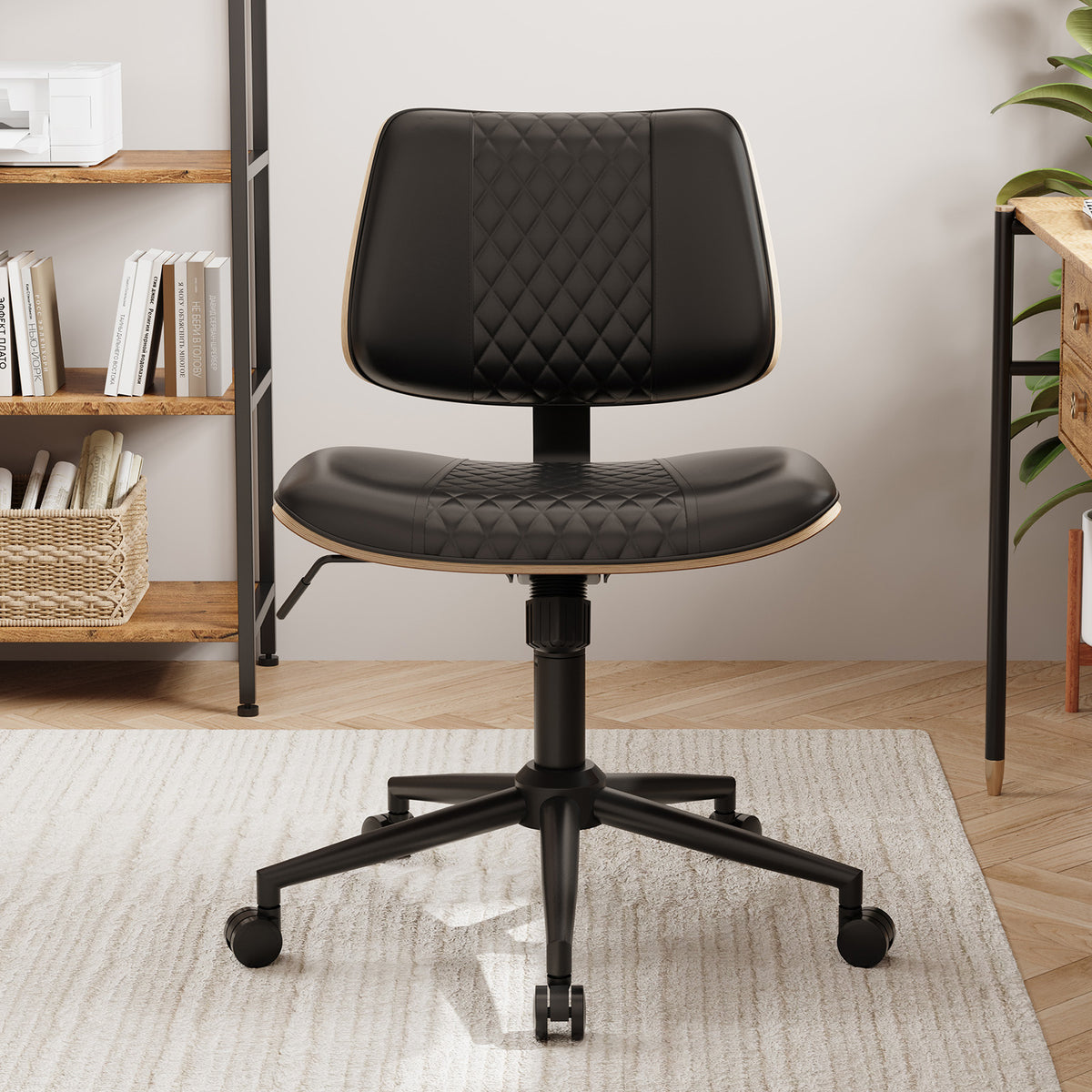 Home Office Chair No Arms with Wheels, Mid Back Walnut Style,Black-2 | Adjustable Height Small Desk Chair, PU Leather Mid Back 360 Swivel Computer Seating, Armless Walnut Office Chair, 300LBS