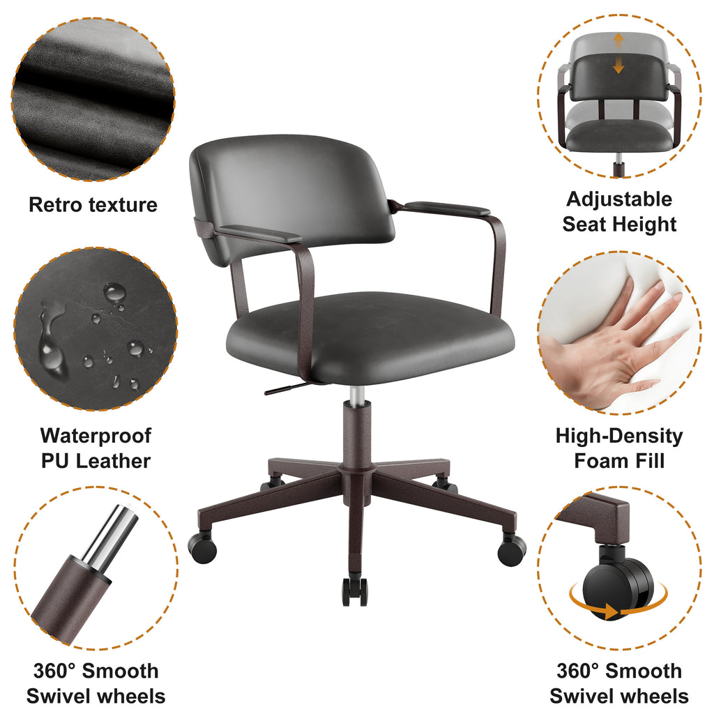 Quiet Small Modern Office Chair PU Leather Black | Padded Armrests, Curved Back Support, 360° Swivel, Height Adjustable, Quiet PU Wheels, Faux Leather, 300 lb Limit, Easy Clean