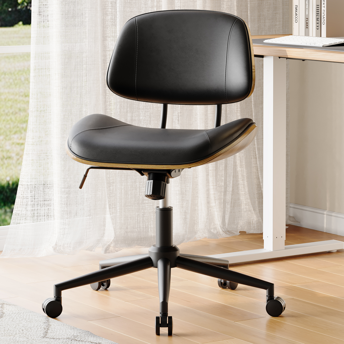 Armless Office Chair with Wheels, PU Leather Desk Chair, Black | Adjustable Height Task Chair, 360° Swivel Ergonomic Computer Chair for Small Space, Modern Walnut Style, Home & Meeting Room