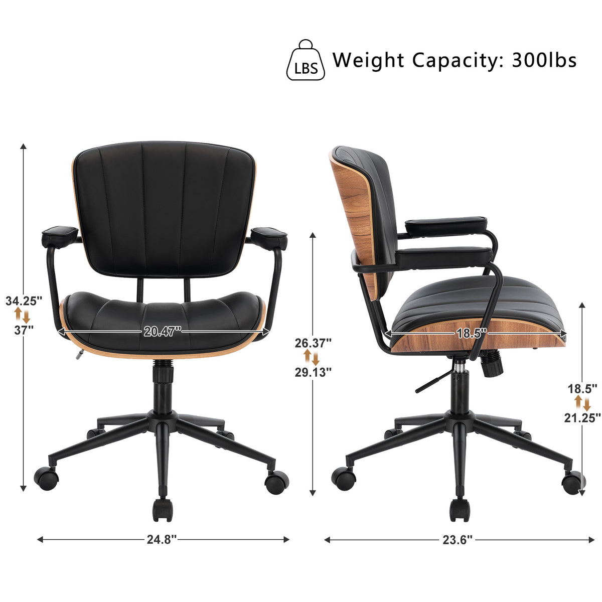 Mid Century Modern Walnut Leather Office Chair with Arms, Black | Fixed walnut bentwood back with armrests, height-adjustable swivel rolling base, PU leather seat, ideal for home office use