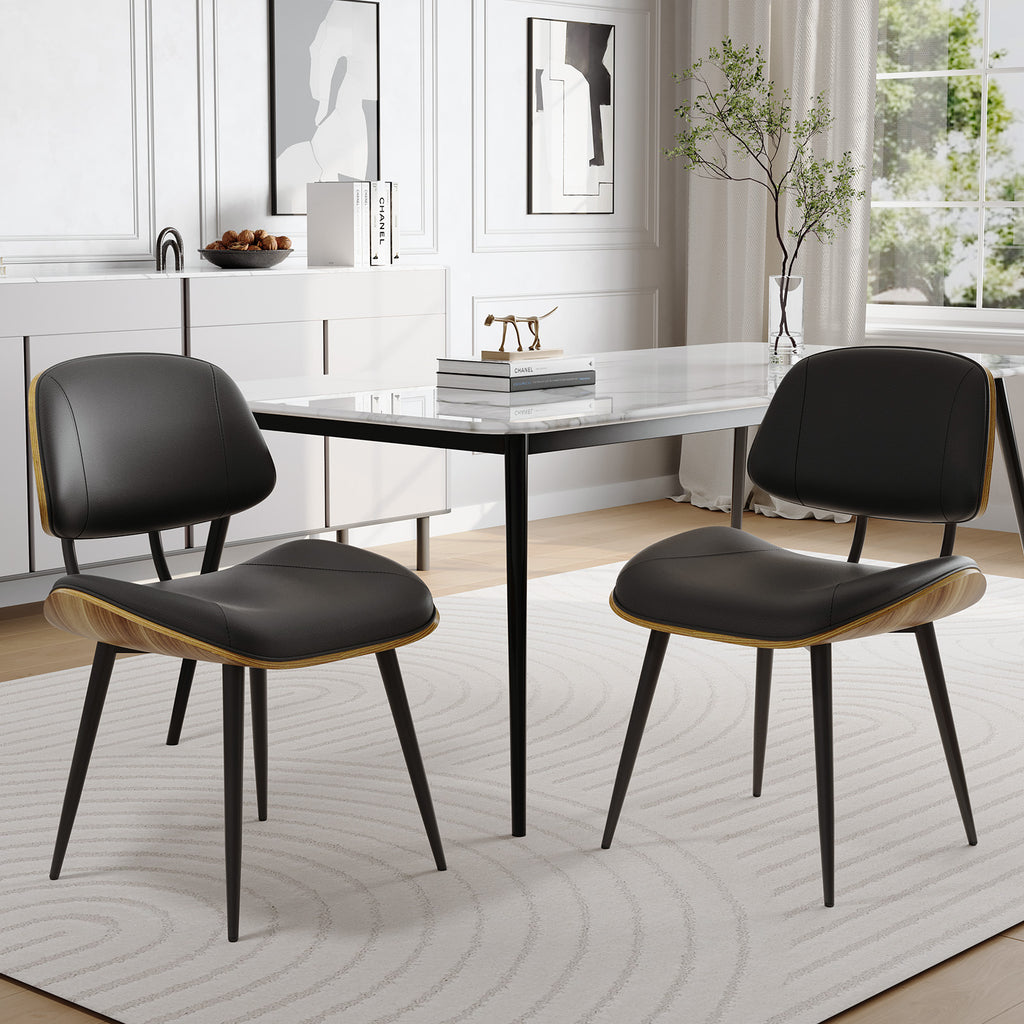Walnut Bentwood Armless PU Leather Dining Chairs Set of 2, Black | PU leather seat with walnut bentwood back & metal legs, armless retro design, sturdy construction for dining & living room
