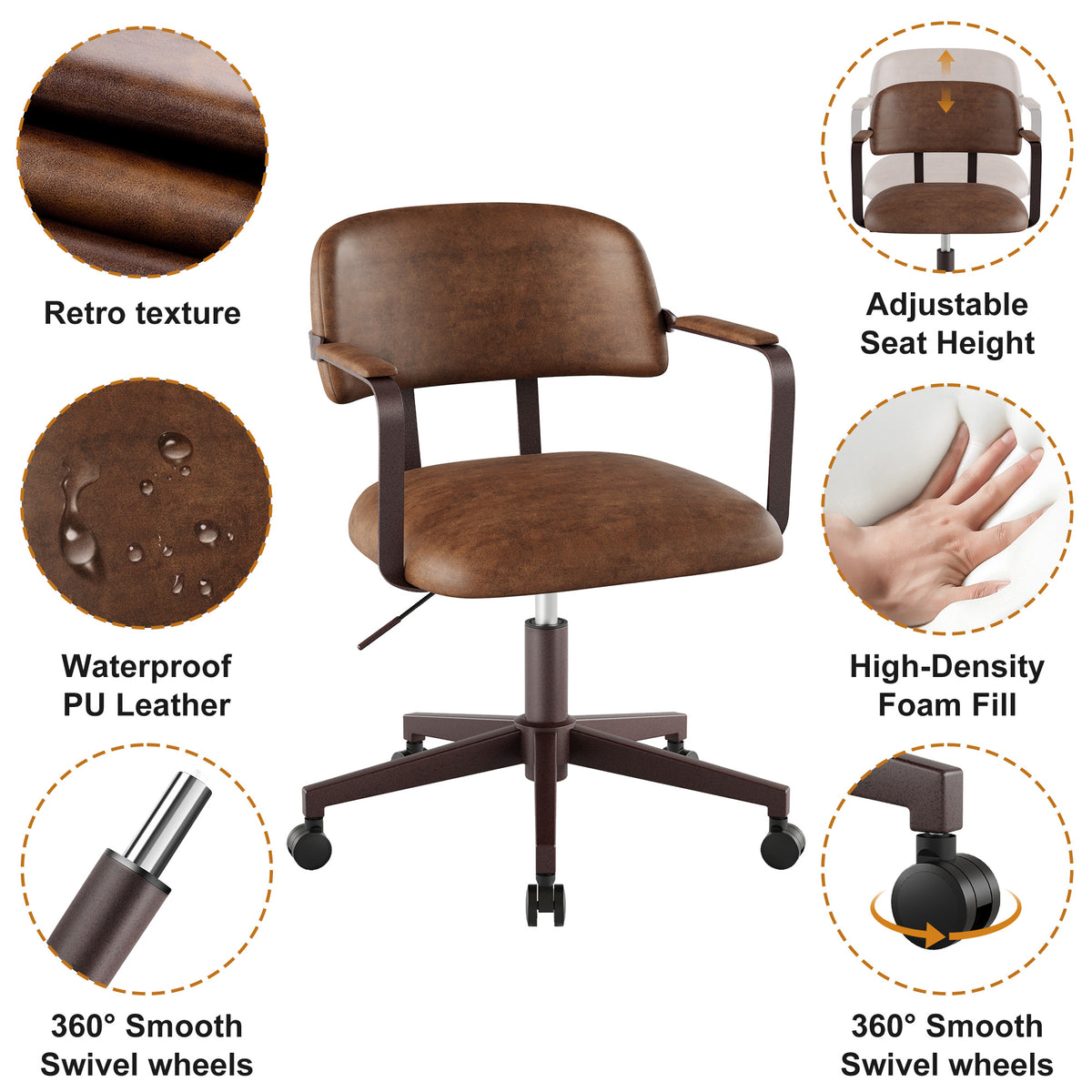 Quiet Small Modern Office Chair PU Leather Black | Padded Armrests, Curved Back Support, 360° Swivel, Height Adjustable, Quiet PU Wheels, Faux Leather, 300 lb Limit, Easy Clean