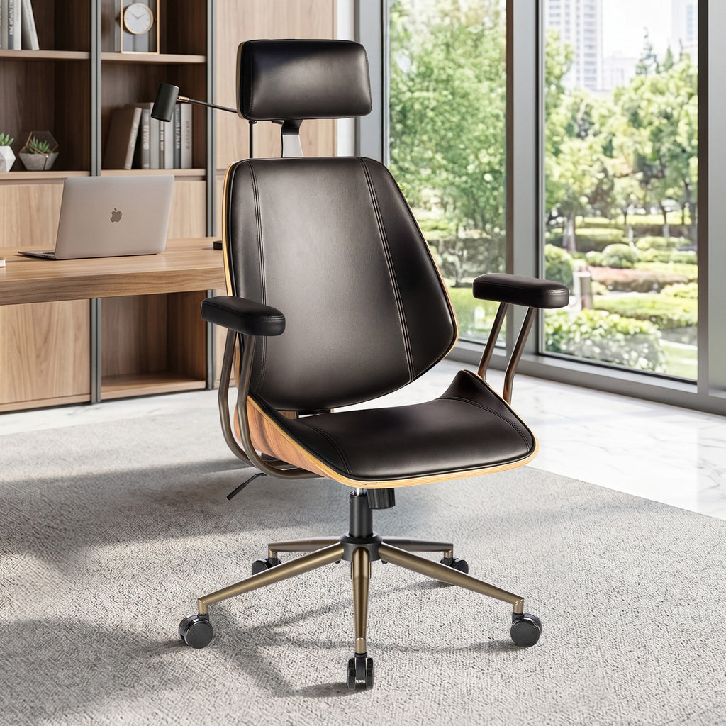 High Back Ergonomic Office Chair, with Headrest & Arms, Black | Faux leather executive chair, high-back with headrest, padded armrests, adjustable swivel, ideal for home office & workspace