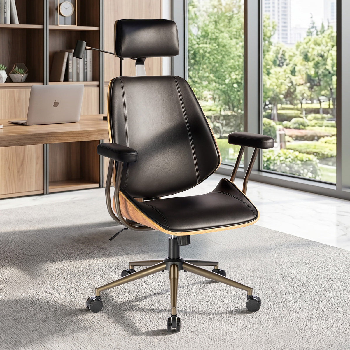 High Back Ergonomic Office Chair, with Headrest & Arms, Black | Faux leather executive chair, high-back with headrest, padded armrests, adjustable swivel, ideal for home office & workspace