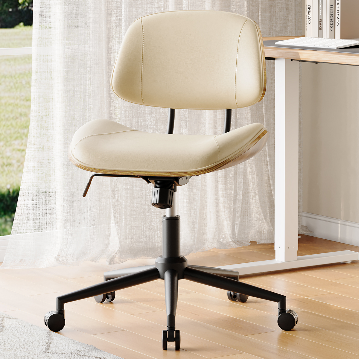Armless Office Chair with Wheels, PU Leather Desk Chair, Black | Adjustable Height Task Chair, 360° Swivel Ergonomic Computer Chair for Small Space, Modern Walnut Style, Home & Meeting Room