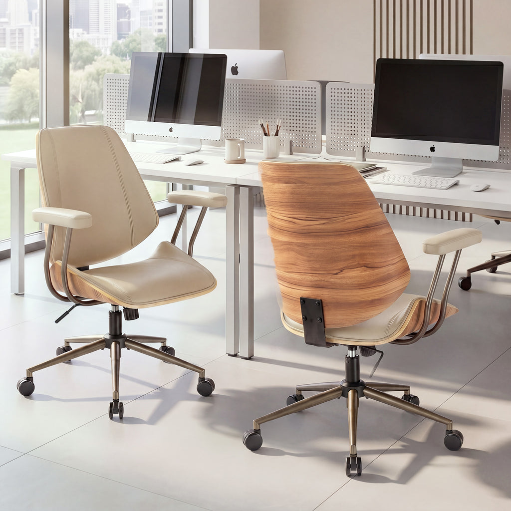 Modern Mid Back Office Chair, Adjustable Swivel Desk Chair with Arms, Black | Faux leather seat, wood accent detail, mid-back with padded armrests, adjustable swivel, for home office, bedroom & study