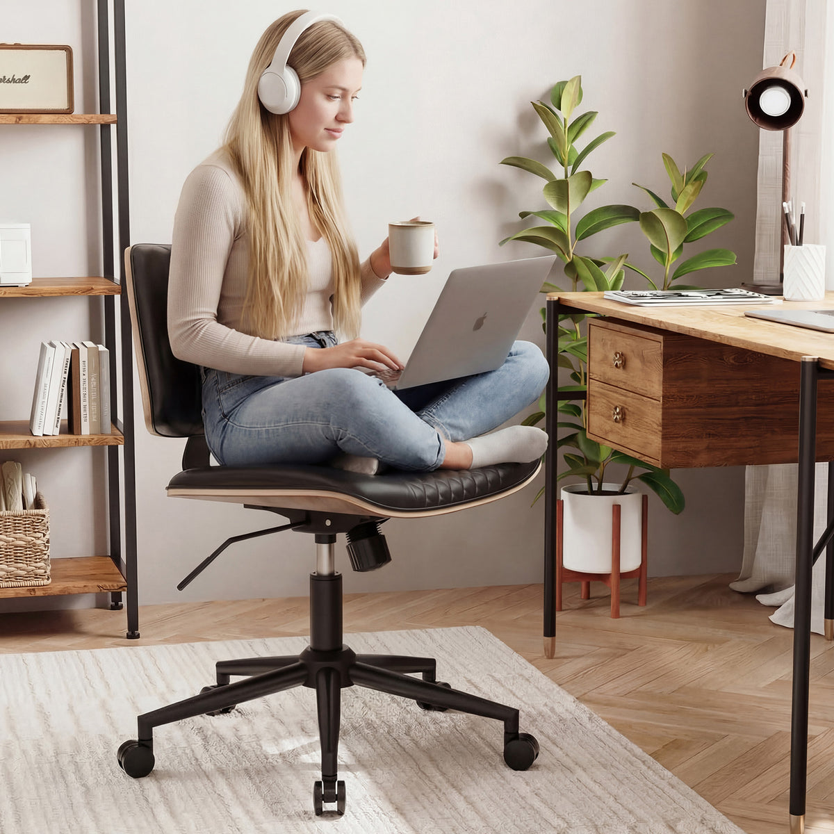 Home Office Chair No Arms with Wheels, Mid Back Walnut Style