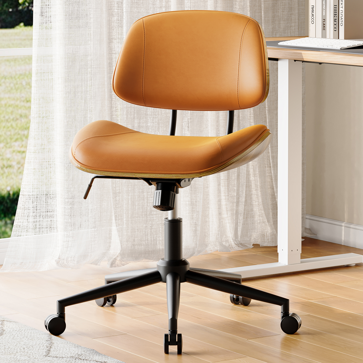 Armless Office Chair with Wheels, PU Leather Desk Chair, Black | Adjustable Height Task Chair, 360° Swivel Ergonomic Computer Chair for Small Space, Modern Walnut Style, Home & Meeting Room
