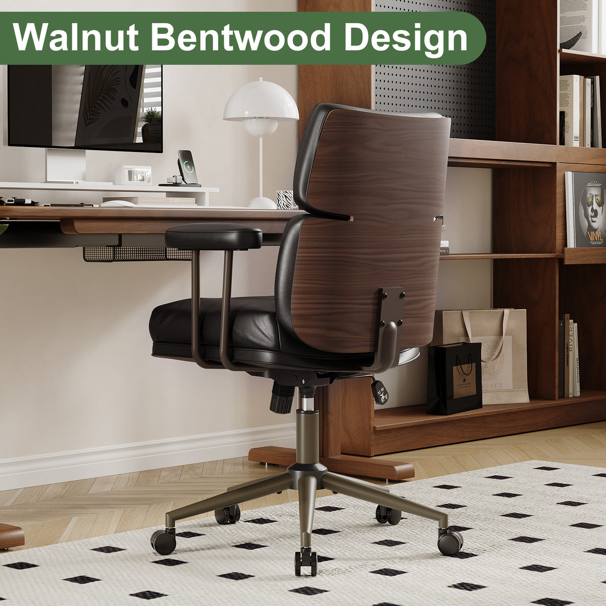 Mid-Century Modern Ergonomic Office Chair, Mid Back & Tufted, Black | Faux Leather Executive Desk Chair, Walnut Bentwood Frame, Tufted Design, Swivel Computer Chair for Home Office, 300LBS Cap