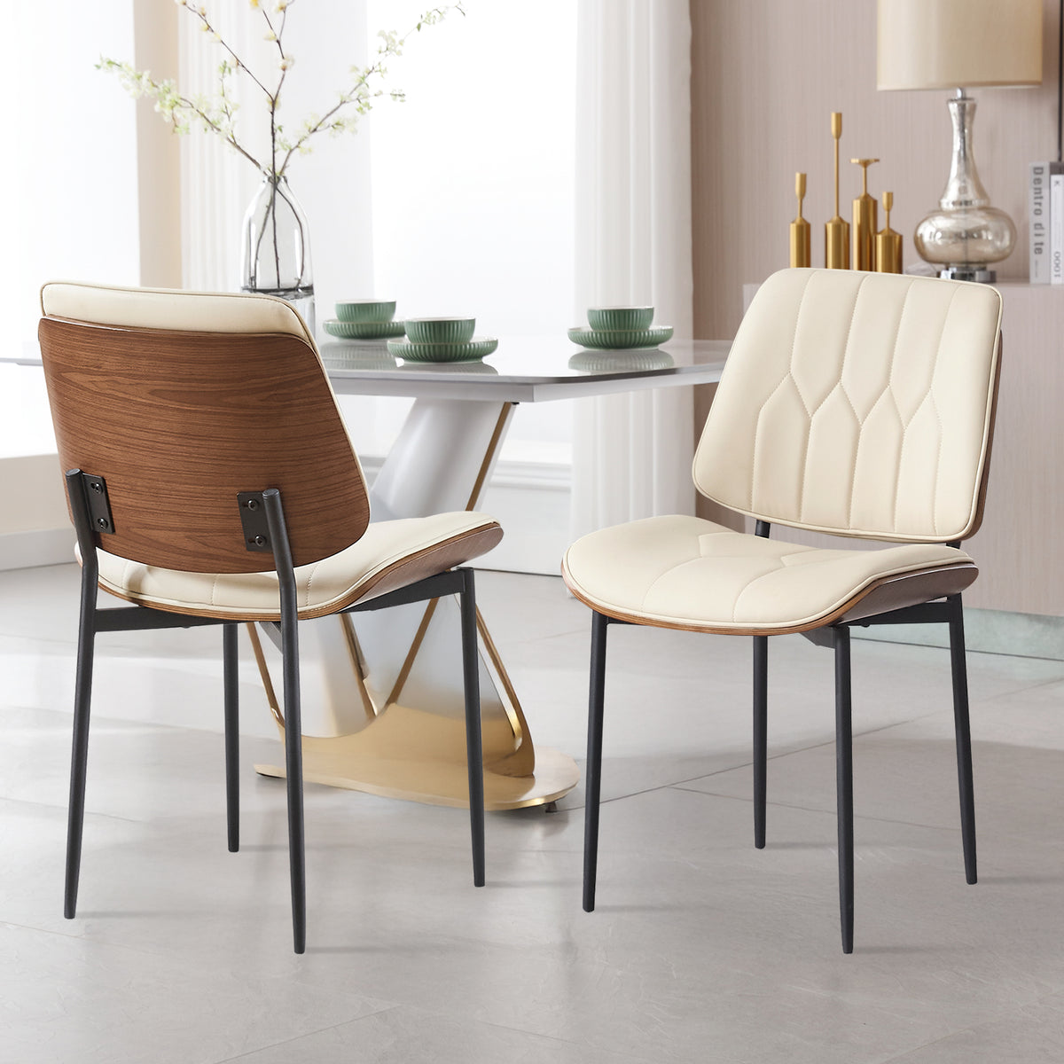 Mid Century Walnut Bentwood Armless Kitchen Dining Chairs Set of 4, Beige | PU leather seat with curved walnut bentwood back & metal legs, armless design, ideal for dining room, kitchen, or cafeteria