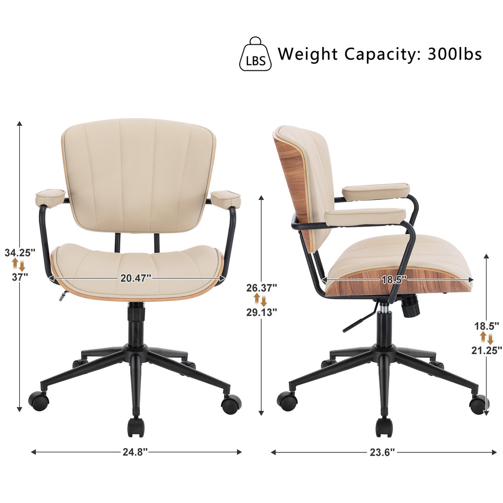 Mid Century Modern Walnut Leather Office Chair with Arms, Black | Fixed walnut bentwood back with armrests, height-adjustable swivel rolling base, PU leather seat, ideal for home office use