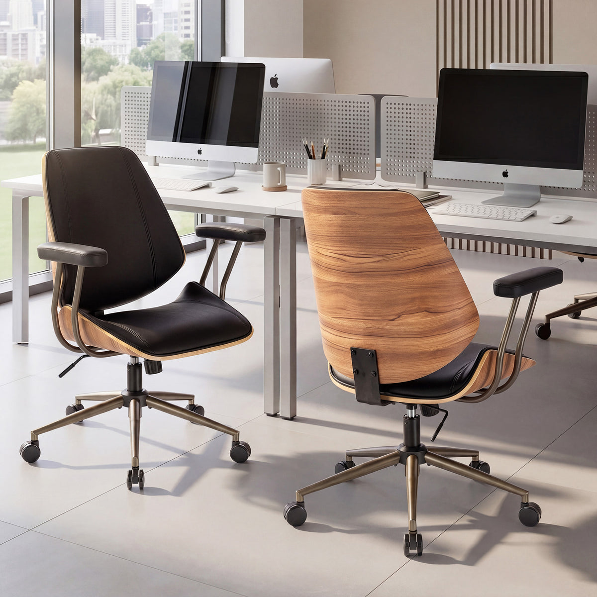 Modern Mid Back Office Chair, Adjustable Swivel Desk Chair with Arms, Black | Faux leather seat, wood accent detail, mid-back with padded armrests, adjustable swivel, for home office, bedroom & study