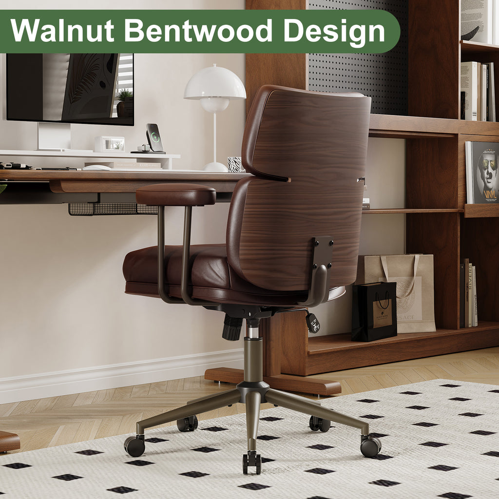 Mid-Century Modern Ergonomic Office Chair, Mid Back & Tufted, Black | Faux Leather Executive Desk Chair, Walnut Bentwood Frame, Tufted Design, Swivel Computer Chair for Home Office, 300LBS Cap