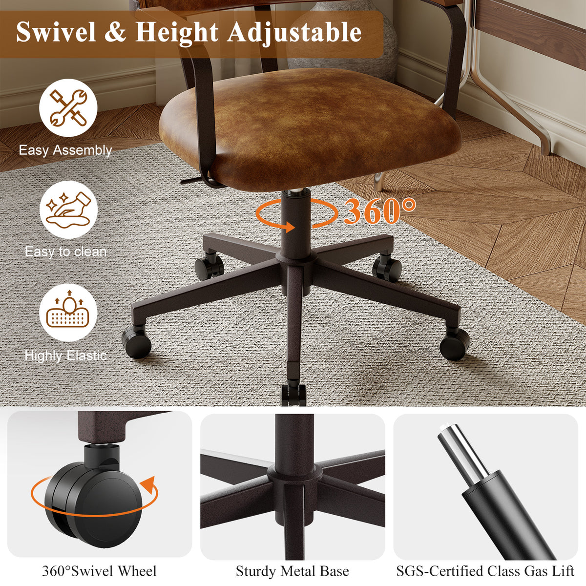 Mid-Century Modern Office Desk Chair Walnut Bentwood Brown | Wood Armrests, Walnut Bentwood Back, 360° Swivel, Height Adjustable, Quiet PU Wheels, Faux Leather, 300 lb Limit, Easy Clean