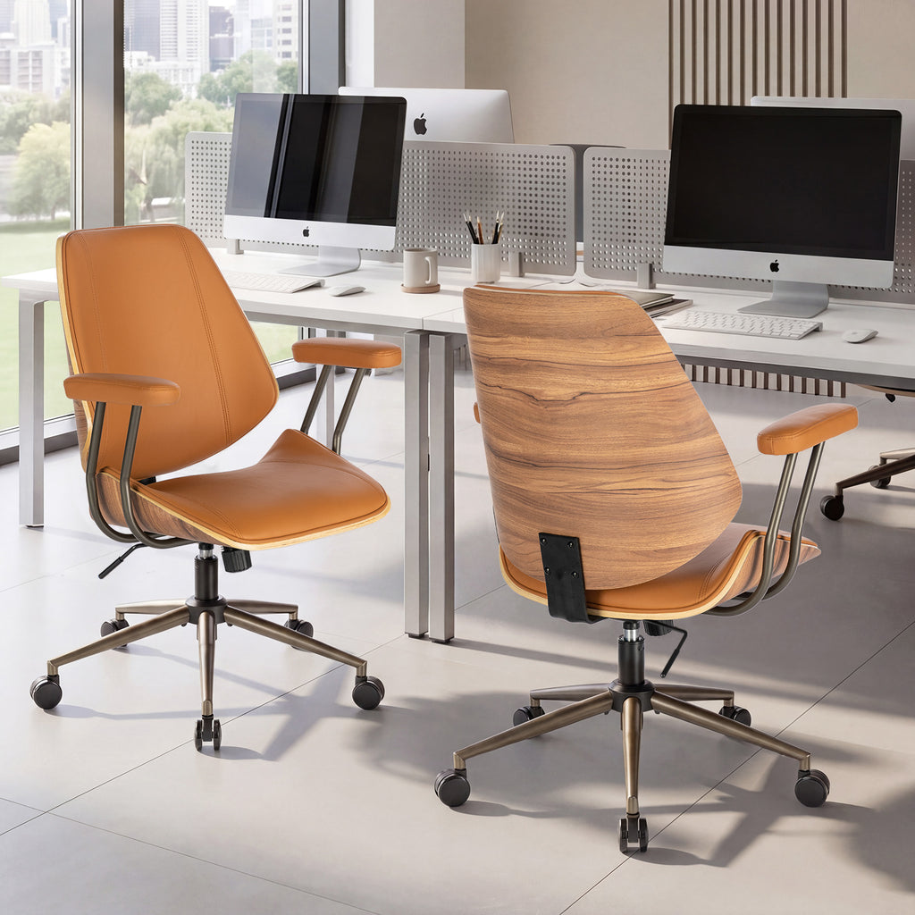 Modern Mid Back Office Chair, Adjustable Swivel Desk Chair with Arms, Black | Faux leather seat, wood accent detail, mid-back with padded armrests, adjustable swivel, for home office, bedroom & study
