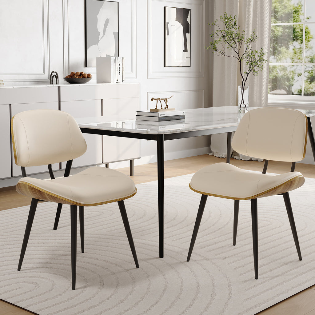 Walnut Bentwood Armless PU Leather Dining Chairs Set of 2, Black | PU leather seat with walnut bentwood back & metal legs, armless retro design, sturdy construction for dining & living room