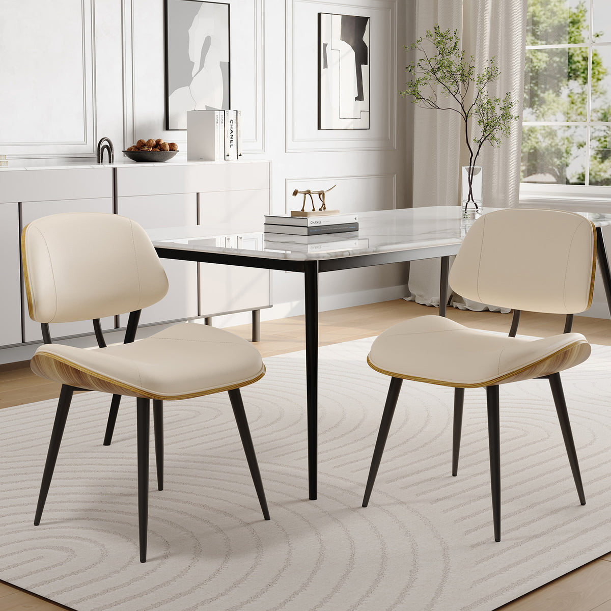Walnut Bentwood Armless PU Leather Dining Chairs Set of 2, Black | PU leather seat with walnut bentwood back & metal legs, armless retro design, sturdy construction for dining & living room