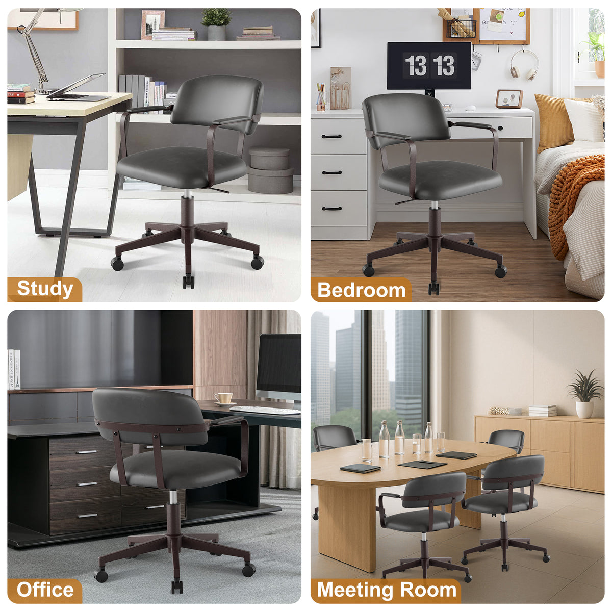 Quiet Small Modern Office Chair PU Leather Black | Padded Armrests, Curved Back Support, 360° Swivel, Height Adjustable, Quiet PU Wheels, Faux Leather, 300 lb Limit, Easy Clean