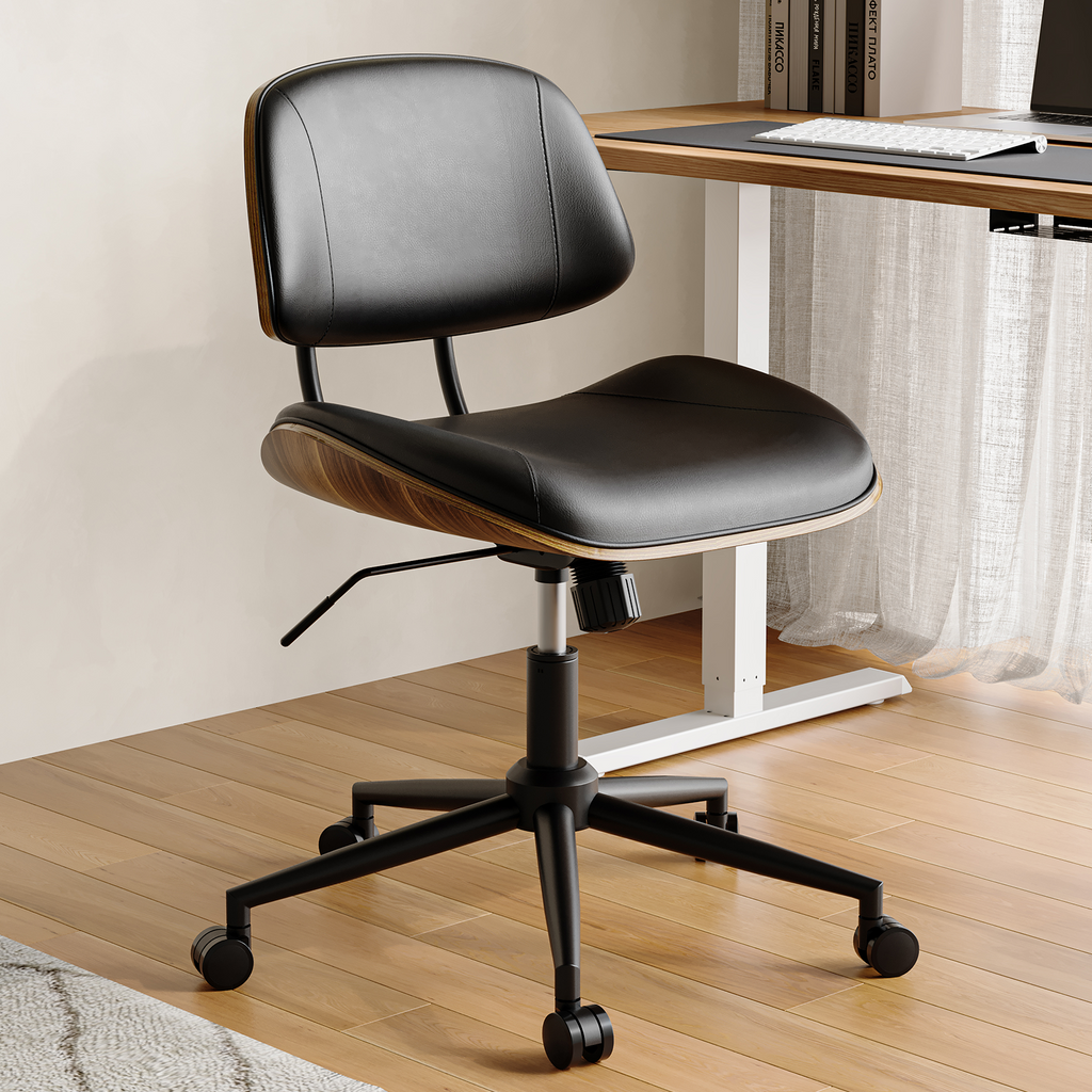 Armless Office Chair with Wheels, PU Leather Desk Chair, Black | Adjustable Height Task Chair, 360° Swivel Ergonomic Computer Chair for Small Space, Modern Walnut Style, Home & Meeting Room