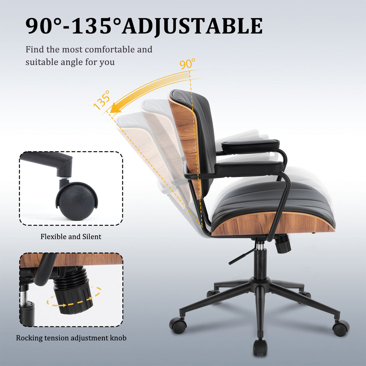 Mid Century Modern Walnut Leather Office Chair with Arms, Black | Fixed walnut bentwood back with armrests, height-adjustable swivel rolling base, PU leather seat, ideal for home office use