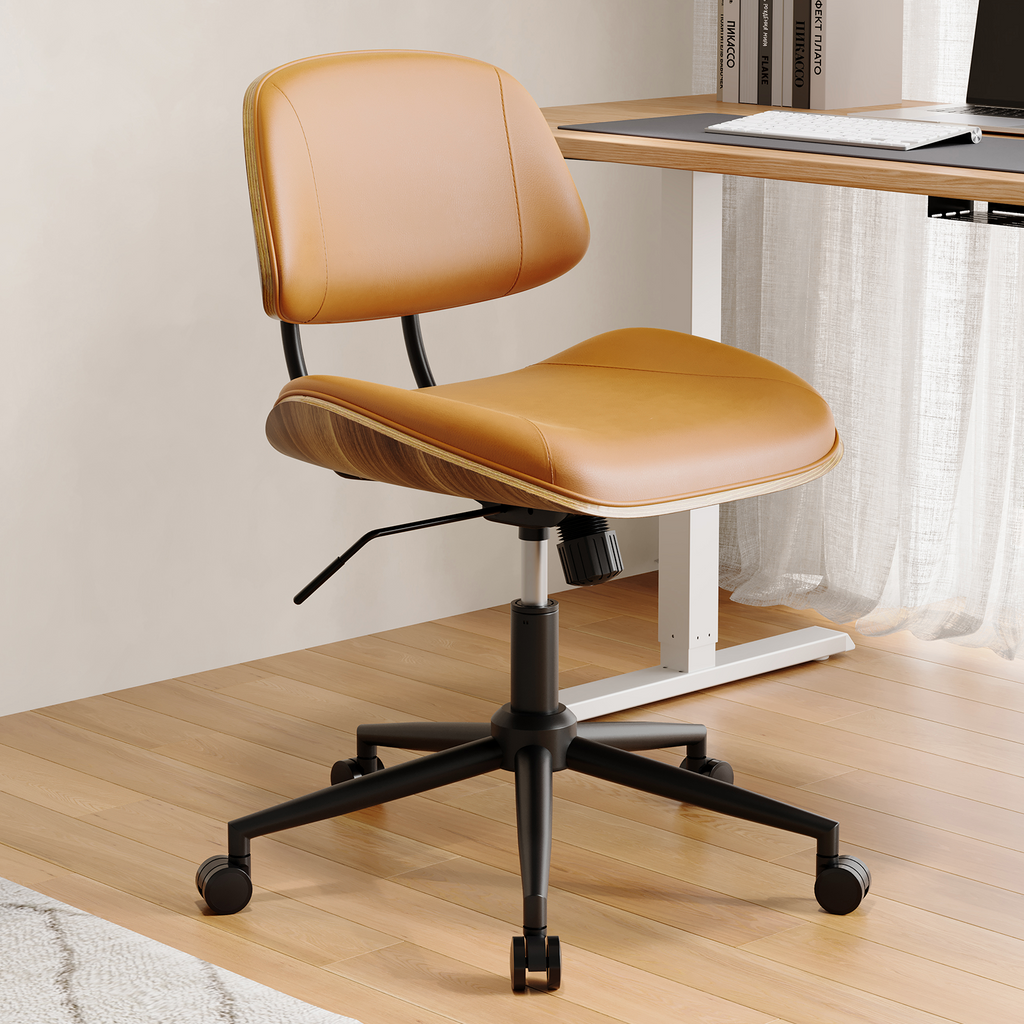 Armless Office Chair with Wheels, PU Leather Desk Chair, Black | Adjustable Height Task Chair, 360° Swivel Ergonomic Computer Chair for Small Space, Modern Walnut Style, Home & Meeting Room