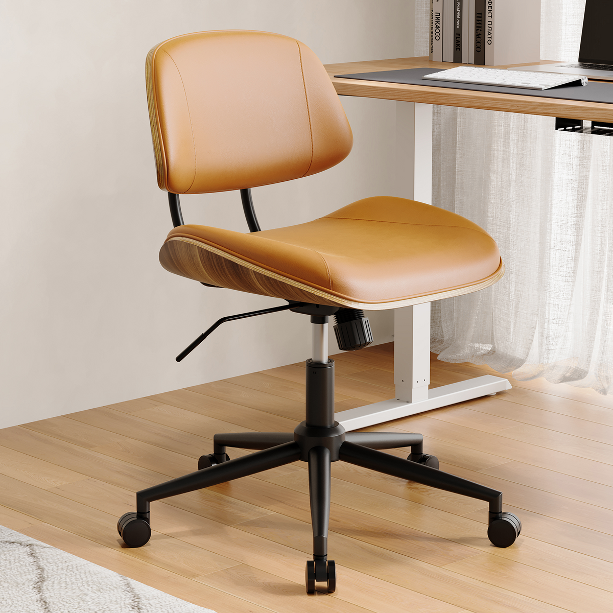 Armless Office Chair with Wheels, PU Leather Desk Chair, Black | Adjustable Height Task Chair, 360° Swivel Ergonomic Computer Chair for Small Space, Modern Walnut Style, Home & Meeting Room