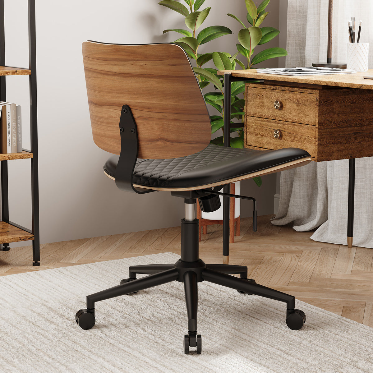 Home Office Chair No Arms with Wheels, Mid Back Walnut Style,Black-2 | Adjustable Height Small Desk Chair, PU Leather Mid Back 360 Swivel Computer Seating, Armless Walnut Office Chair, 300LBS