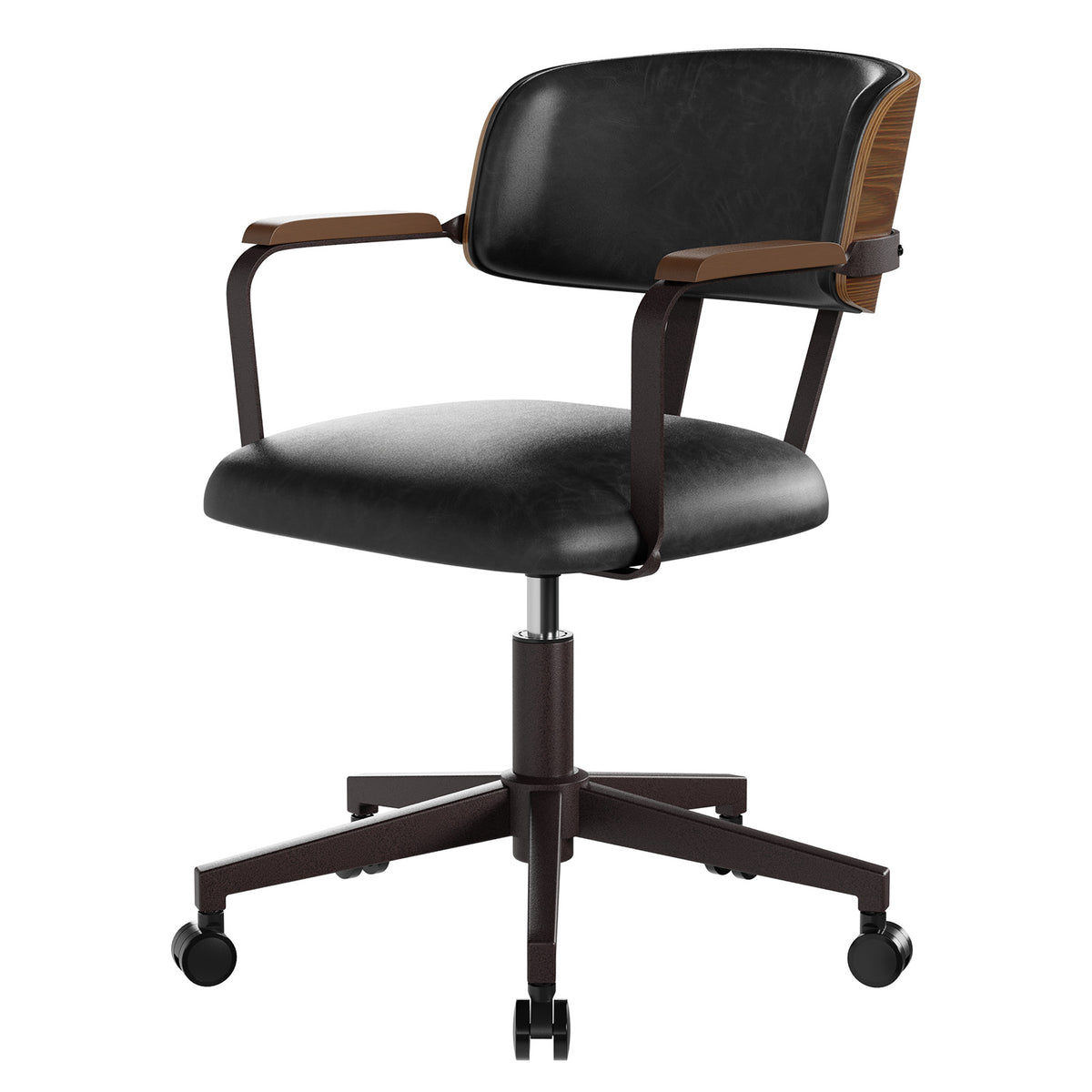 Mid-Century Modern Office Desk Chair Walnut Bentwood Brown | Wood Armrests, Walnut Bentwood Back, 360° Swivel, Height Adjustable, Quiet PU Wheels, Faux Leather, 300 lb Limit, Easy Clean