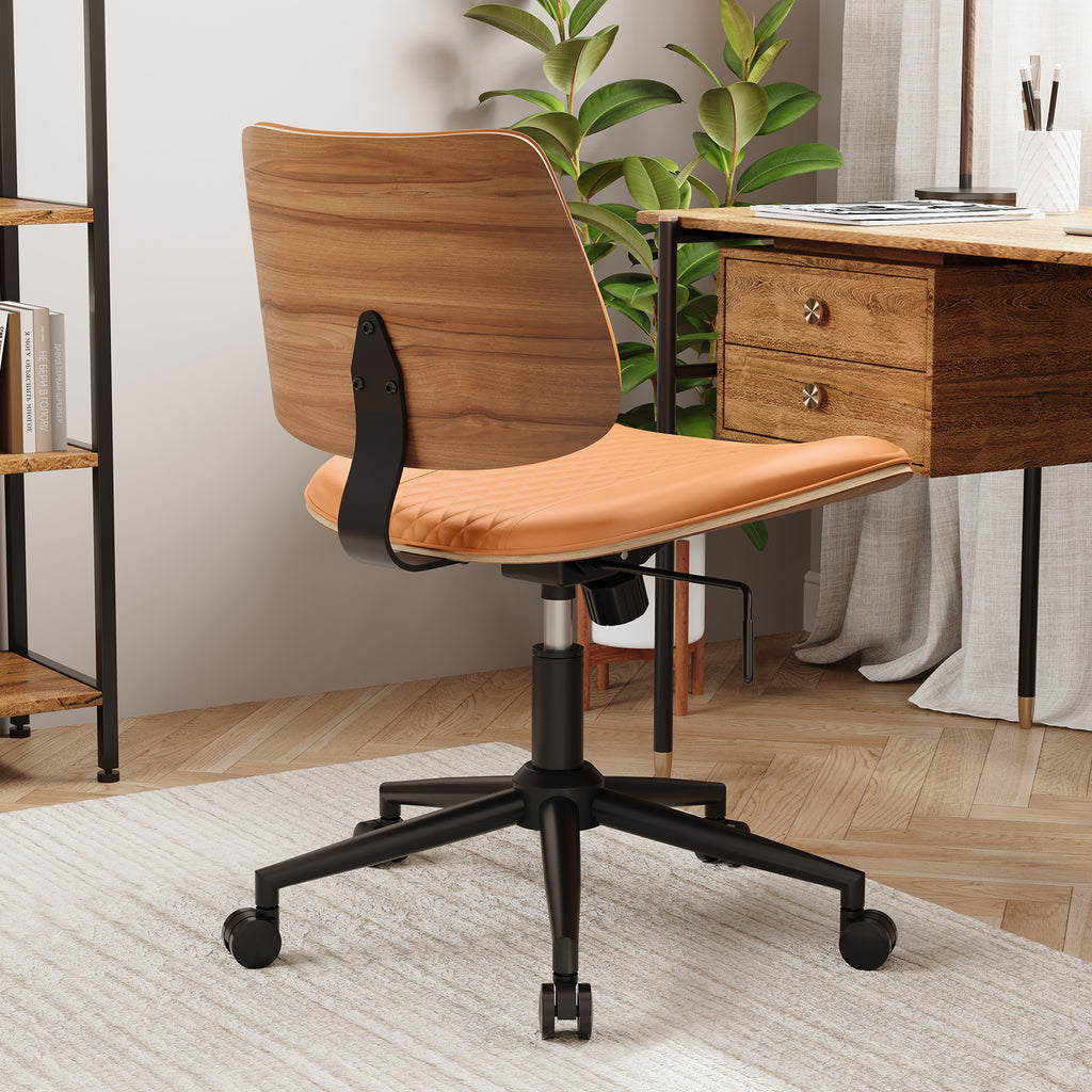 Home Office Chair No Arms with Wheels, Mid Back Walnut Style