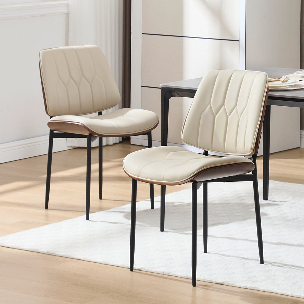 Mid Century Walnut Bentwood Armless Kitchen Dining Chairs Set of 4, Beige | PU leather seat with curved walnut bentwood back & metal legs, armless design, ideal for dining room, kitchen, or cafeteria