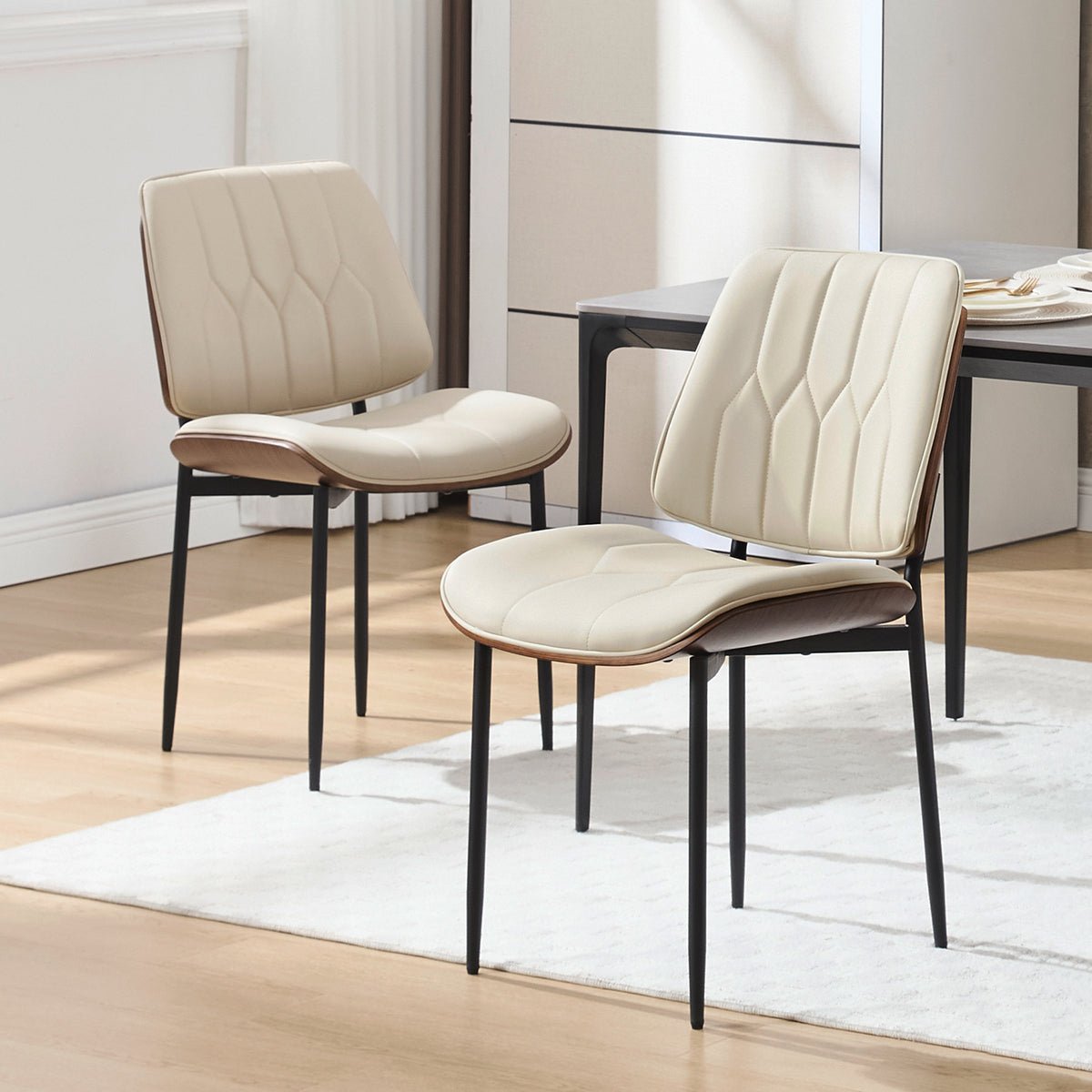 Mid Century Walnut Bentwood Armless Kitchen Dining Chairs Set of 4, Beige | PU leather seat with curved walnut bentwood back & metal legs, armless design, ideal for dining room, kitchen, or cafeteria