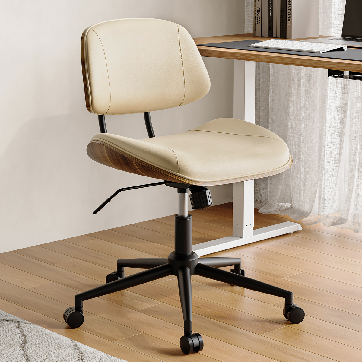 Armless Office Chair with Wheels, PU Leather Desk Chair, Black | Adjustable Height Task Chair, 360° Swivel Ergonomic Computer Chair for Small Space, Modern Walnut Style, Home & Meeting Room