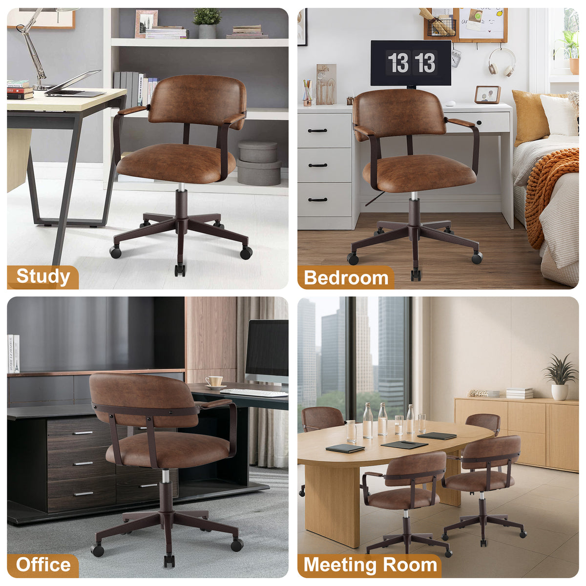 Quiet Small Modern Office Chair PU Leather Black | Padded Armrests, Curved Back Support, 360° Swivel, Height Adjustable, Quiet PU Wheels, Faux Leather, 300 lb Limit, Easy Clean