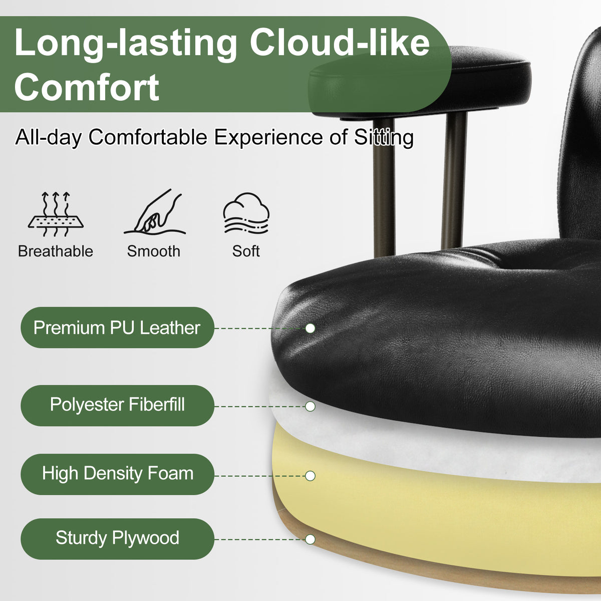 Mid-Century Modern Ergonomic Office Chair, Mid Back & Tufted, Black | Faux Leather Executive Desk Chair, Walnut Bentwood Frame, Tufted Design, Swivel Computer Chair for Home Office, 300LBS Cap
