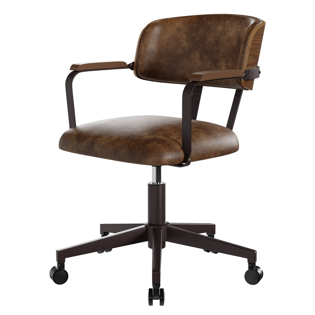 Mid-Century Modern Office Desk Chair Walnut Bentwood Brown | Wood Armrests, Walnut Bentwood Back, 360° Swivel, Height Adjustable, Quiet PU Wheels, Faux Leather, 300 lb Limit, Easy Clean