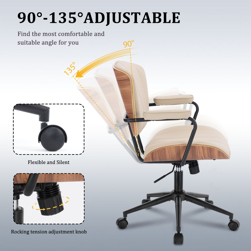Mid Century Modern Walnut Leather Office Chair with Arms, Black | Fixed walnut bentwood back with armrests, height-adjustable swivel rolling base, PU leather seat, ideal for home office use